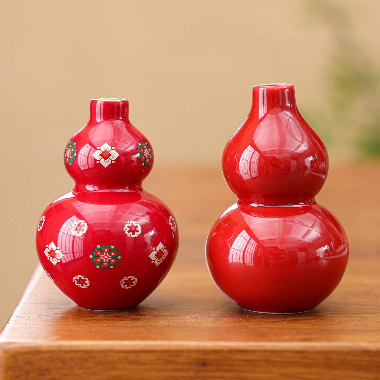 陶瓷中国红花瓶全红色红釉葫芦花瓶小号招财葫芦郎红福禄玄关摆件