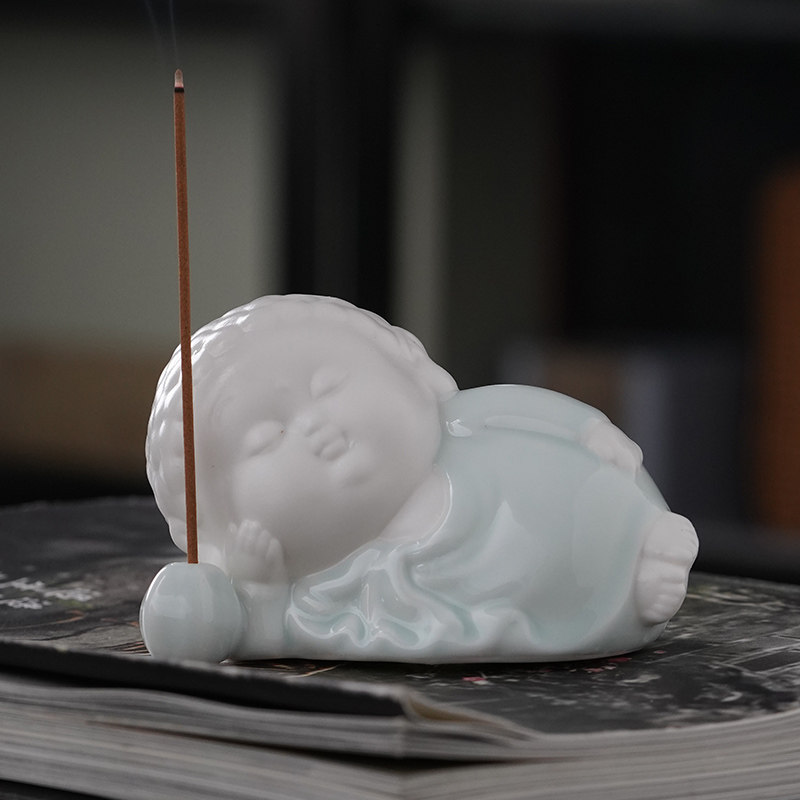 青白瓷卧佛陶瓷禅意卧佛笑佛香插摆件家居桌面室内香薰炉车载摆件