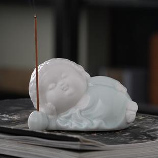 青白瓷卧佛陶瓷禅意卧佛笑佛香插摆件家居桌面室内香薰炉车载摆件