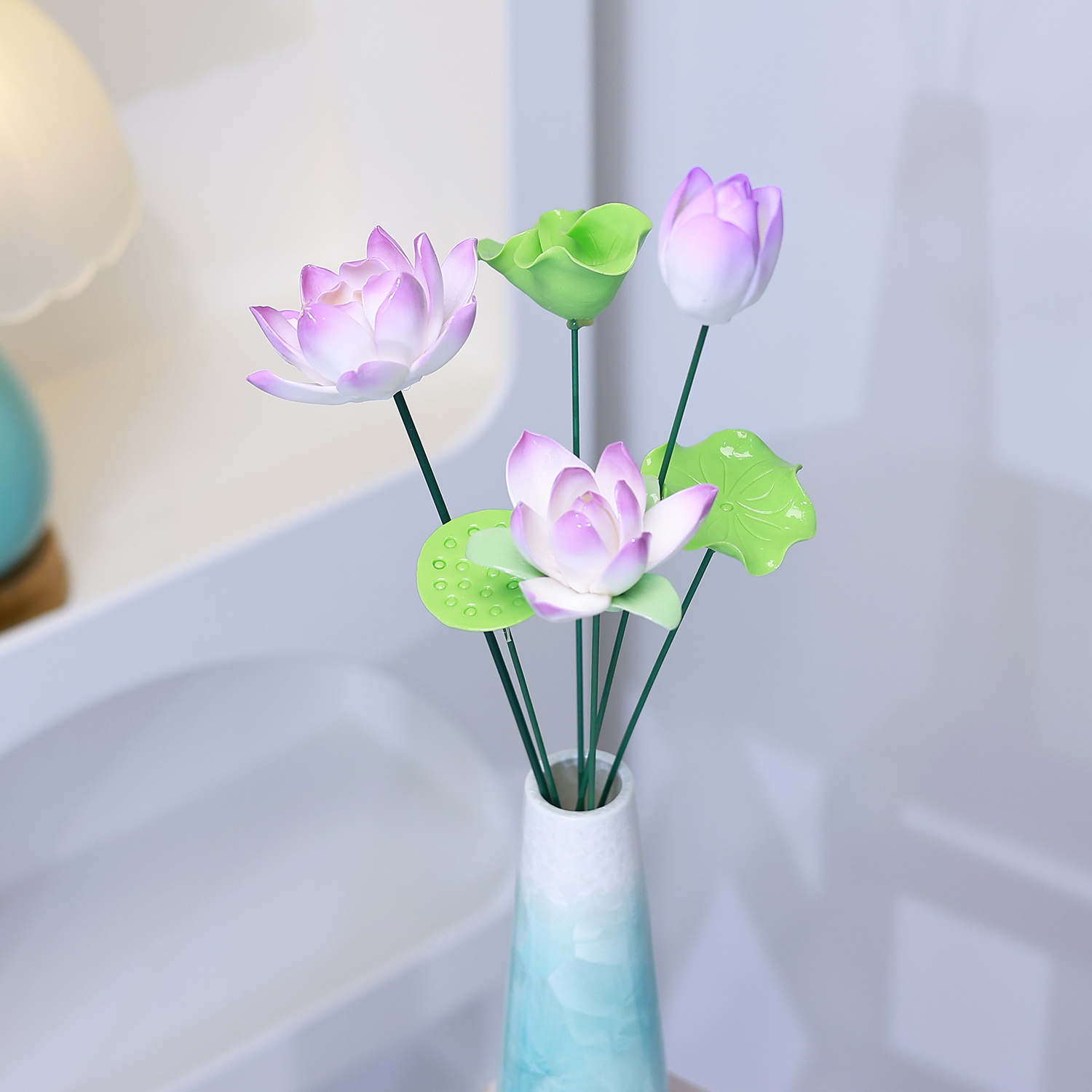 陶瓷花莲花紫色搭配结晶陶瓷花瓶整套送礼家居摆件仿真花送礼摆件