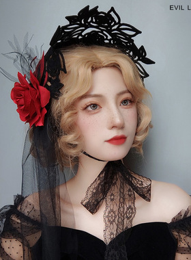 法式Lolita死神女巫一片式帽子波奈特扁帽万圣节玫瑰花礼帽FD-117