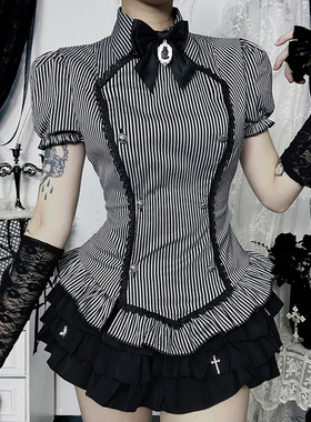 CF25146亚文化哥特学院短袖衬衫 夏季新款暗黑风修身百搭上衣