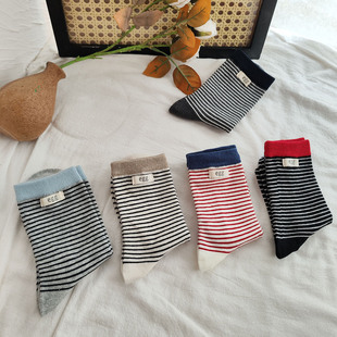 egg布标 秋冬袜子中筒袜百搭条纹女袜日系ins潮休闲简约棉袜舒适