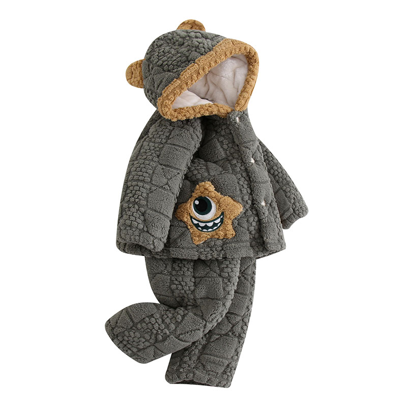 儿童睡衣男童冬季加厚加绒法兰绒男孩三层夹棉冬款戴帽耐脏家居服