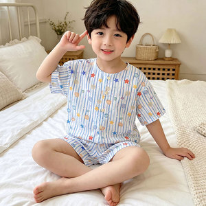 【套头】夏季薄款睡衣儿童睡衣棉绸短袖短裤男童女孩人造棉家居服