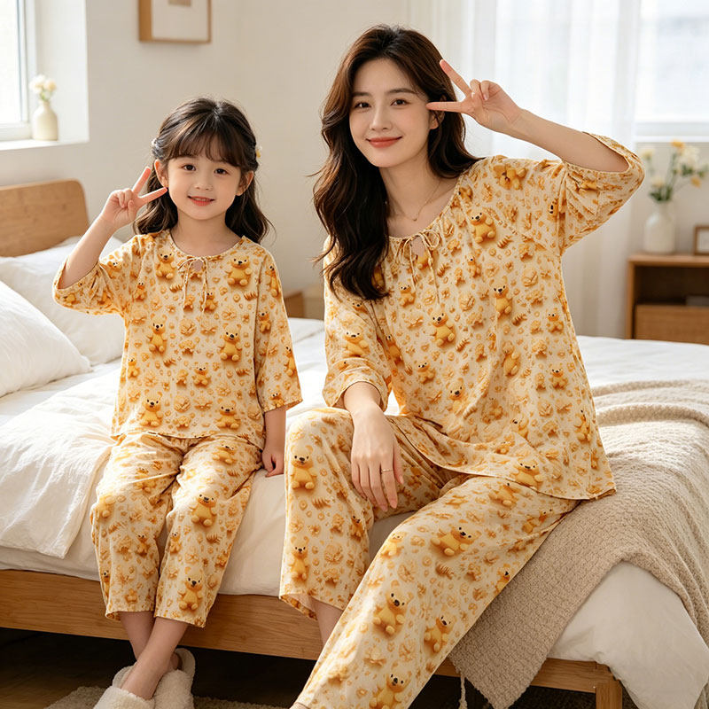 夏季棉绸儿童睡衣薄款七分袖宝宝女童套头空调服母女家居服套装
