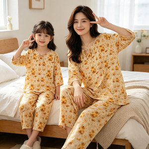 夏季棉绸儿童睡衣薄款七分袖宝宝女童套头空调服母女家居服套装