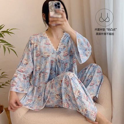 【带胸垫】夏季新款棉绸睡衣女宽松凉爽人造棉家居服套装薄款可外