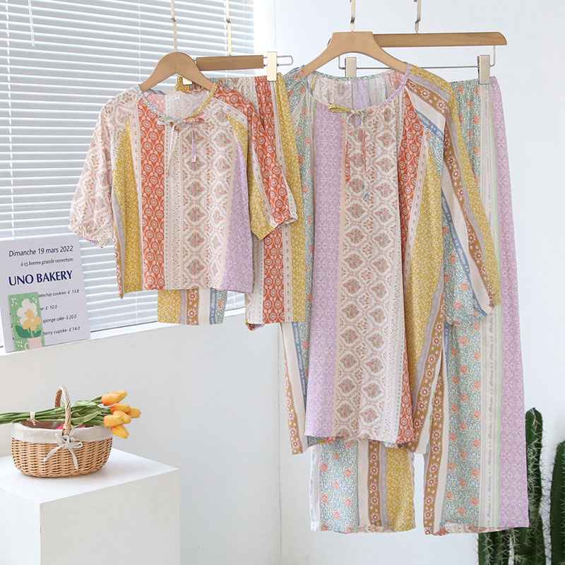 夏季棉绸儿童睡衣薄款七分袖宝宝女童套头空调服母女家居服套装