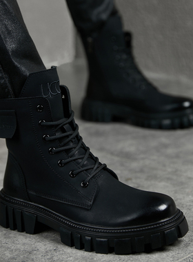 冬季马丁靴男真皮英伦风中帮工装靴内增高黑色磨砂牛皮高帮皮靴潮