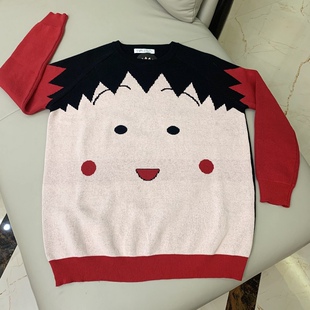红色新年衣服樱桃小丸子毛衣女士套头可爱卡通宽松显瘦针织衫外穿