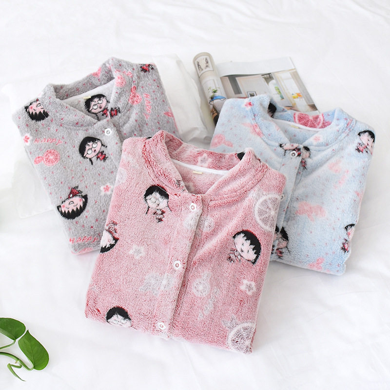 樱桃小丸子睡衣女生上衣冬季法兰绒开衫可爱珊瑚绒立领加厚家居服