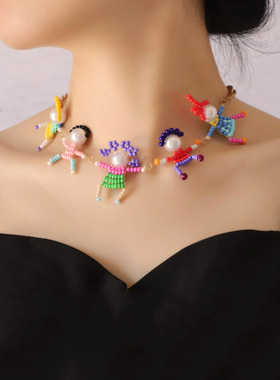 日韩创意卡通手工米珠趣味立体小人锁骨链、耳饰      休闲  可爱