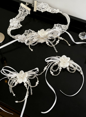 欧美跨境蝴蝶结羽毛耳夹项链超仙优雅度假风首饰小众套装轻奢饰品