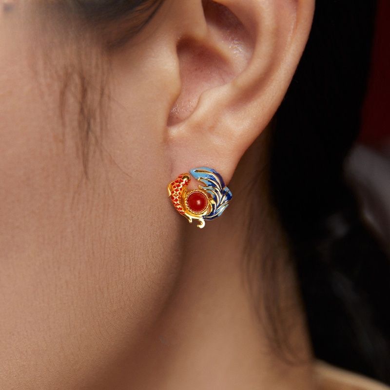 新中式国风上岸锦鲤耳钉小众设计复古好运玄学珐琅彩釉耳环耳饰女
