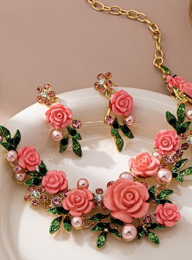 跨境希音法式复古粉色玫瑰项链耳环套装珍珠花卉首饰轻奢高级感女