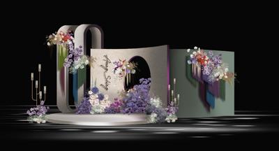 小众紫色蓝色绿色花艺自然风设计感婚礼合影区psd源文件素材设计