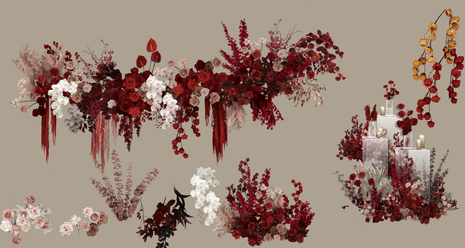 红白婚礼简约秀场风悬挂花艺婚礼手绘效果图背景素材psd