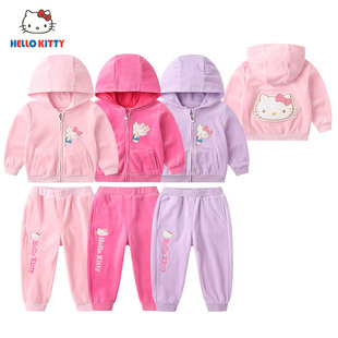 运动休闲套装 长袖 卡通刺绣淑女外穿 秋季 HelloKitty女童天鹅绒套装