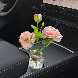 汽车摆件花束法式油画焦边玫瑰氛围车内装饰品适用水杯架车载花瓶