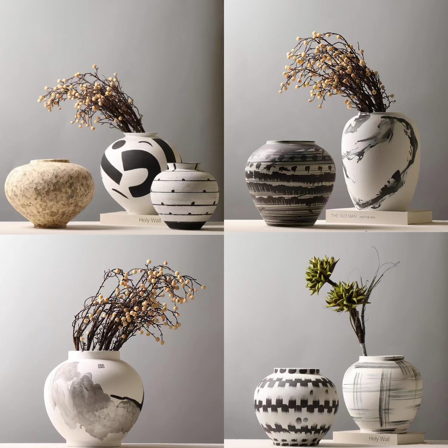简约中式风客厅电视柜茶几书房软装样板房创意水墨纹圆罐陶瓷花瓶
