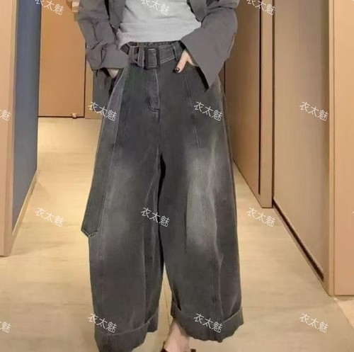 2026早秋新款高腰显瘦牛仔裤身材宽松八分阔腿牛仔裤百搭带腰带