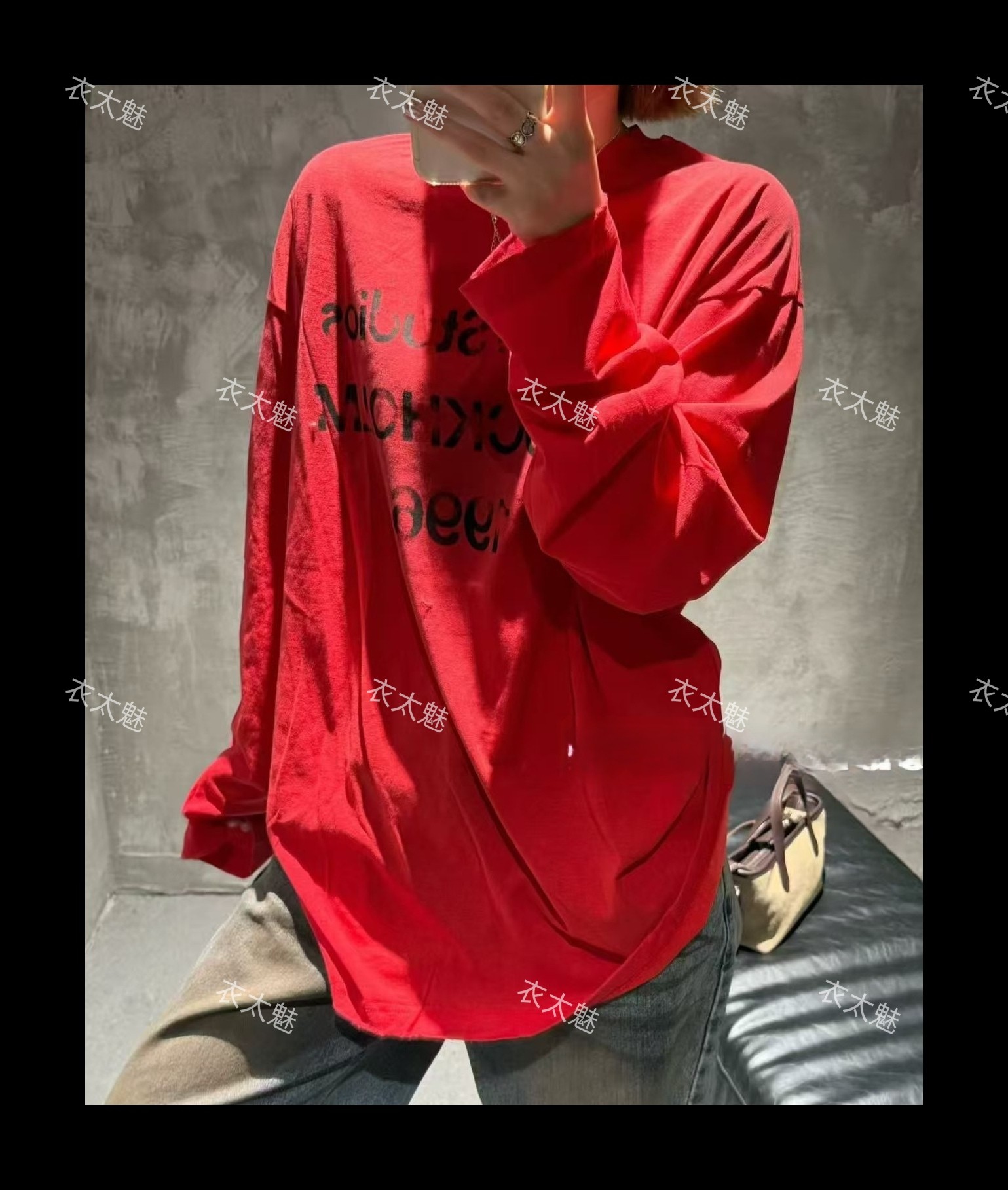 2026早秋新款印花字母图案宽松大板红色百搭长袖大衫中长款T恤衫