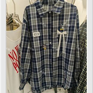 2025早秋新款时尚百搭显瘦翻领单排扣格子蝴蝶结衬衫女上衣女装