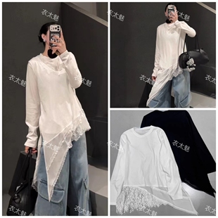 2026款早春新款韩版新款不规则蕾丝下摆圆领长袖宽松大衫女装内搭