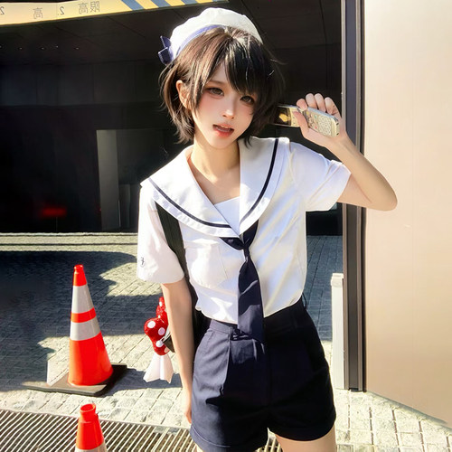 花千猪新品  圣音中水手服  日系白一本水手领上衣JK制服短裤套装
