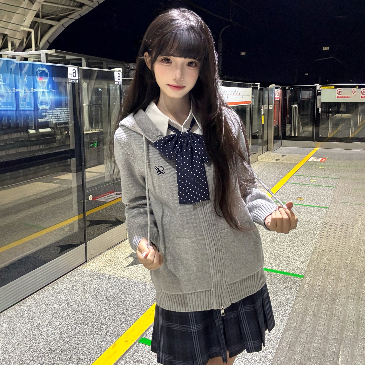 花千猪新品 秋语中连帽毛衣 JK多色针织外套学院风JK制服长袖上衣