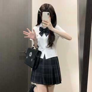 女夏季 花千猪原创 衬衫 制服 学姐风白色收腰短袖 学院风jk短款