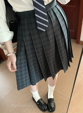 花千猪原创 小潭格裙  jk制服校供感a字型百褶裙绿格百搭款jk裙