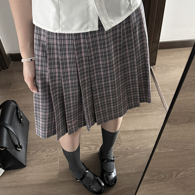 花千猪新品 莉莉安格裙  jk制服校供感a字型百褶裙粉灰格秋冬jk裙