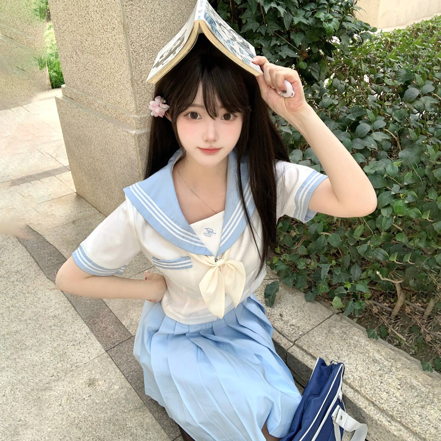 花千猪新品 风屿海水手服 日系学院风水手领百褶裙jk制服短袖套装