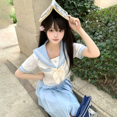 花千猪新品 风屿海水手服 学院风夏秋水手领百褶裙jk制服短袖套装