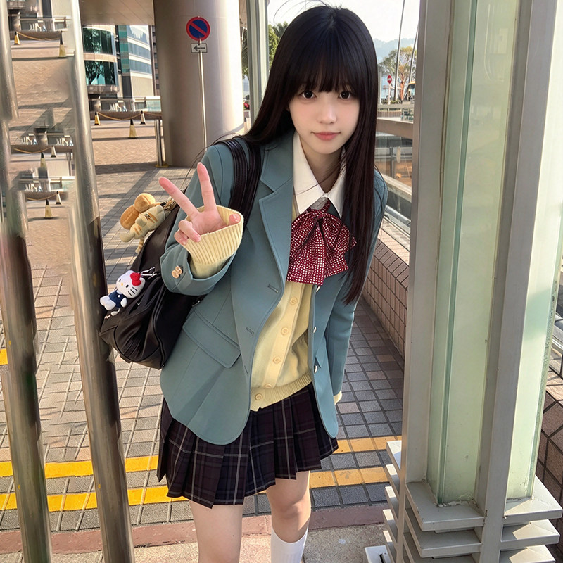 花千猪原创 圣研高西装 学院风校供感jk制服秋冬款绿色百搭外套