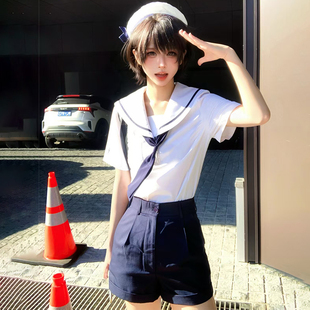 花千猪新品 圣音中水手服 日系白一本水手领上衣JK制服短裤套装
