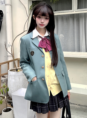 花千猪原创 圣研高西装 学院风校供感jk制服三粒扣款绿色百搭外套