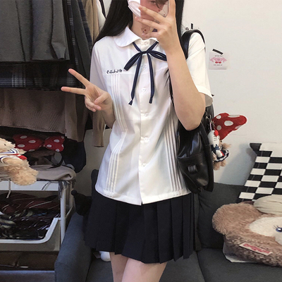 花千猪原创 小泽中短袖丸襟 jk衬衫日系白蓝色刺绣女衬衣春jk制服