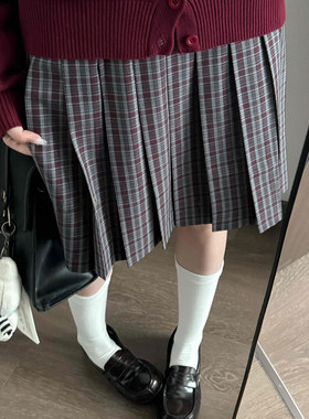 花千猪新品 椿屿格裙 jk制服校供感a字型百褶裙红灰格百搭款jk裙