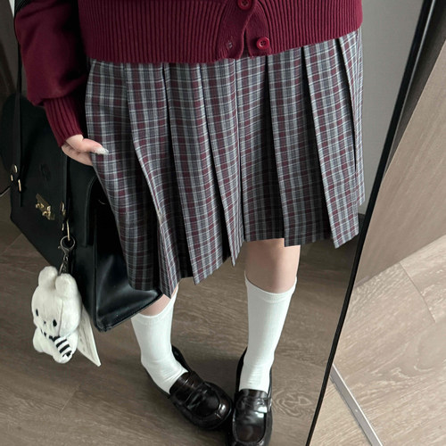 花千猪新品 椿屿格裙 jk制服校供感a字型百褶裙红灰格百搭款jk裙