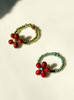 原创戒指盒子复古捷克珠手作串珠戒指指环花朵