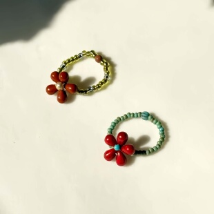 原创戒指盒子复古捷克珠手作串珠戒指指环花朵