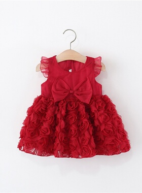 女童连衣裙夏季宝宝一周岁生日礼服裙子红色小女孩百天婴儿公主裙