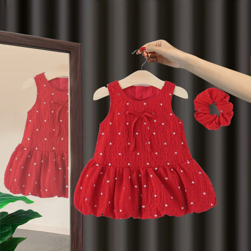 女童红色夏装连衣裙0一4岁婴儿无袖背心裙小宝宝生日周岁礼服裙潮