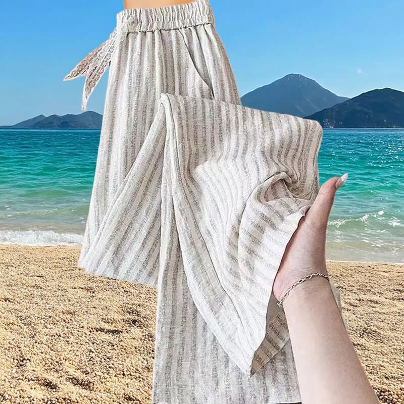 夏季薄款棉麻条纹直筒阔腿裤大码女装系带高腰显瘦百搭休闲九分裤