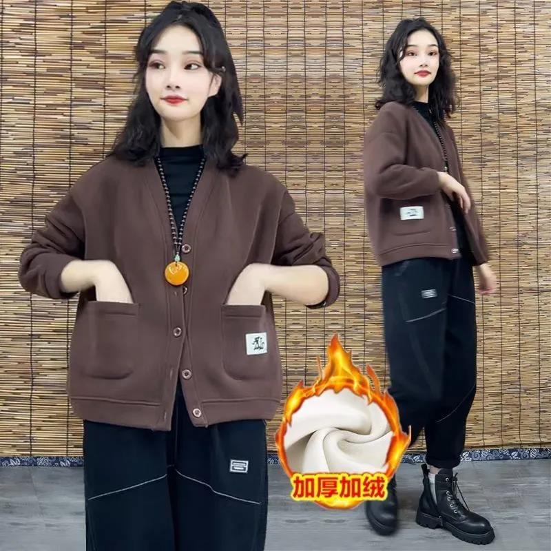 加绒宽松大码卫衣外套女