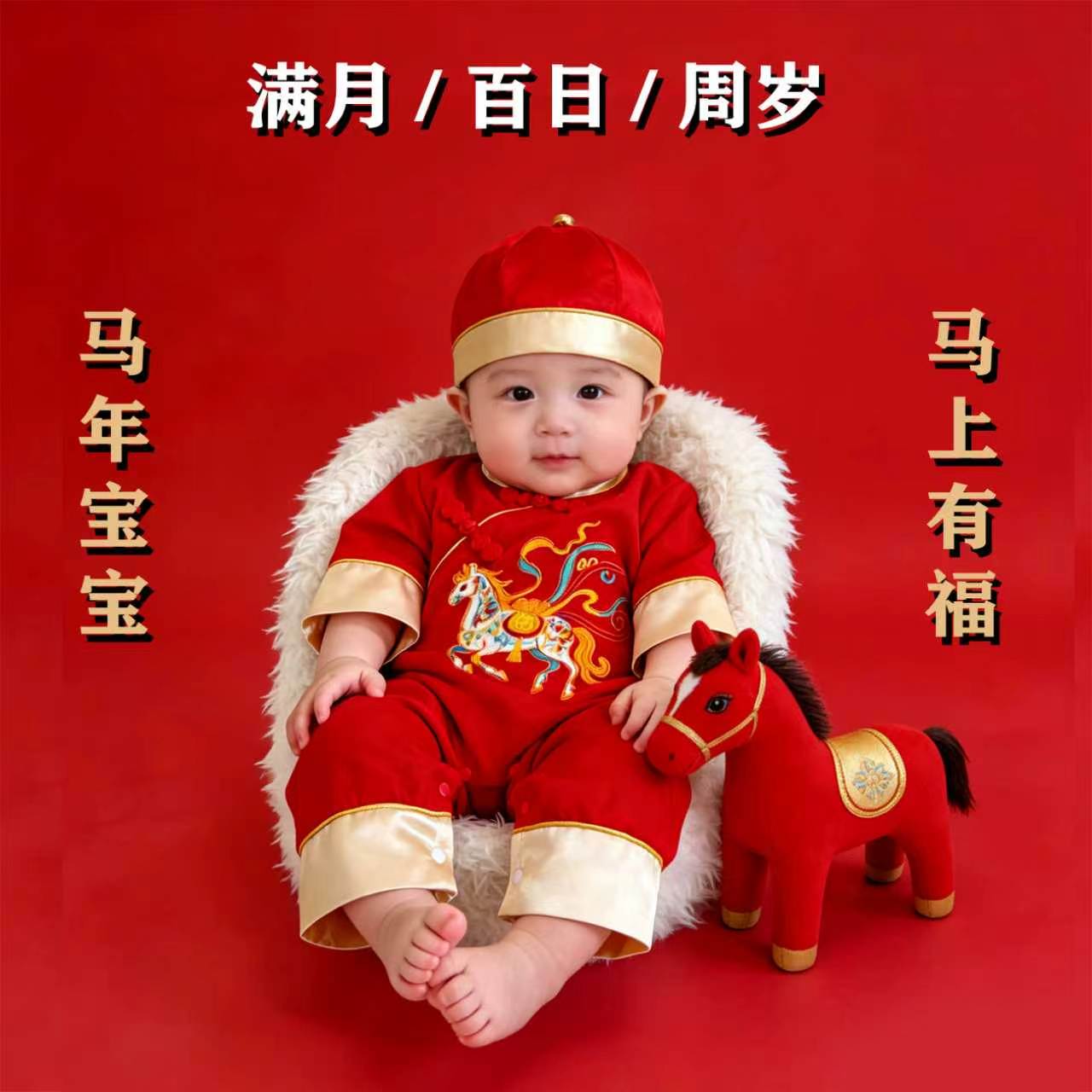 马年满月宝宝衣服婴儿百天宴周岁抓周服春夏季薄款红色礼服