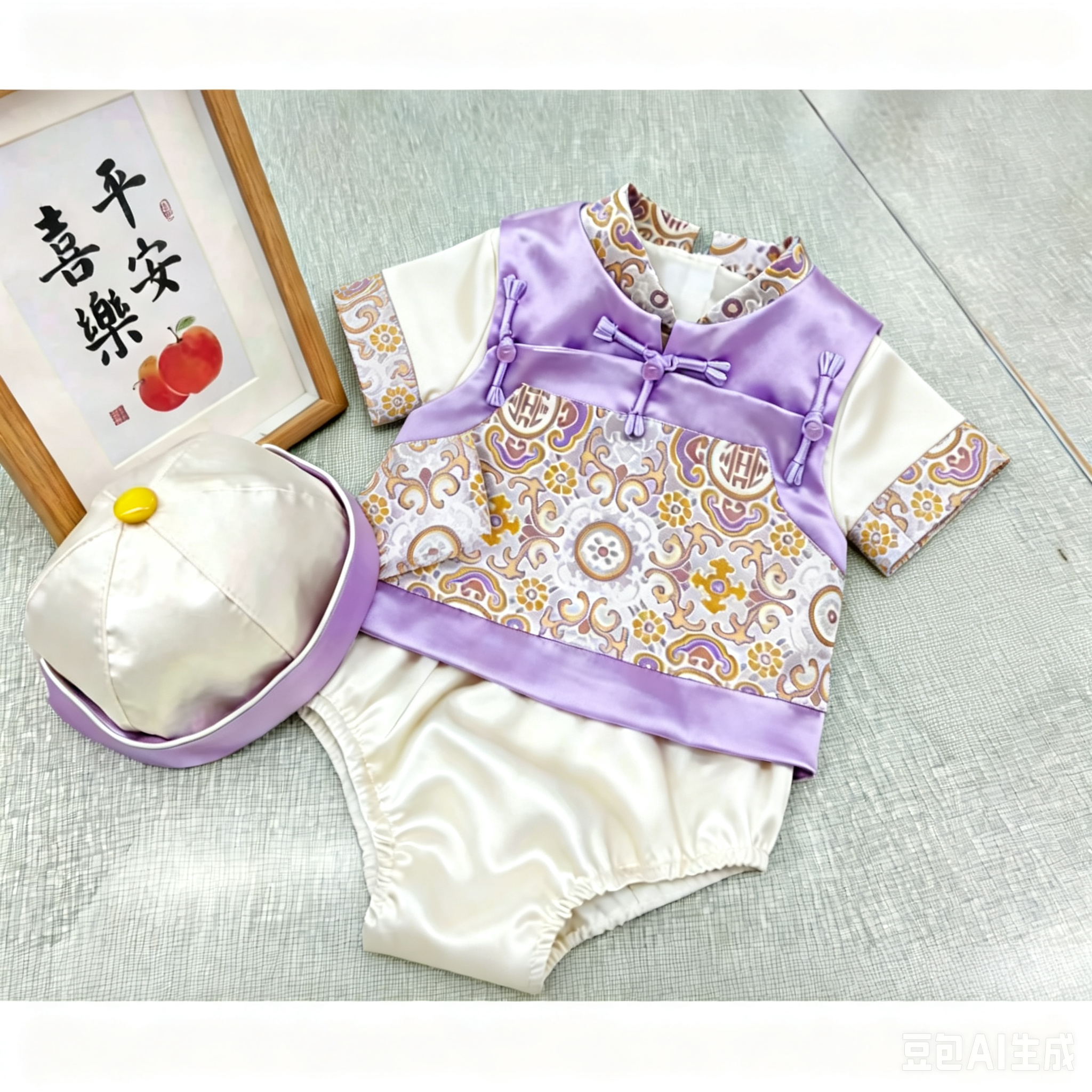 周岁礼服男宝宝百日宴满月服新中式连体衣春秋天抓周套装紫色唐装